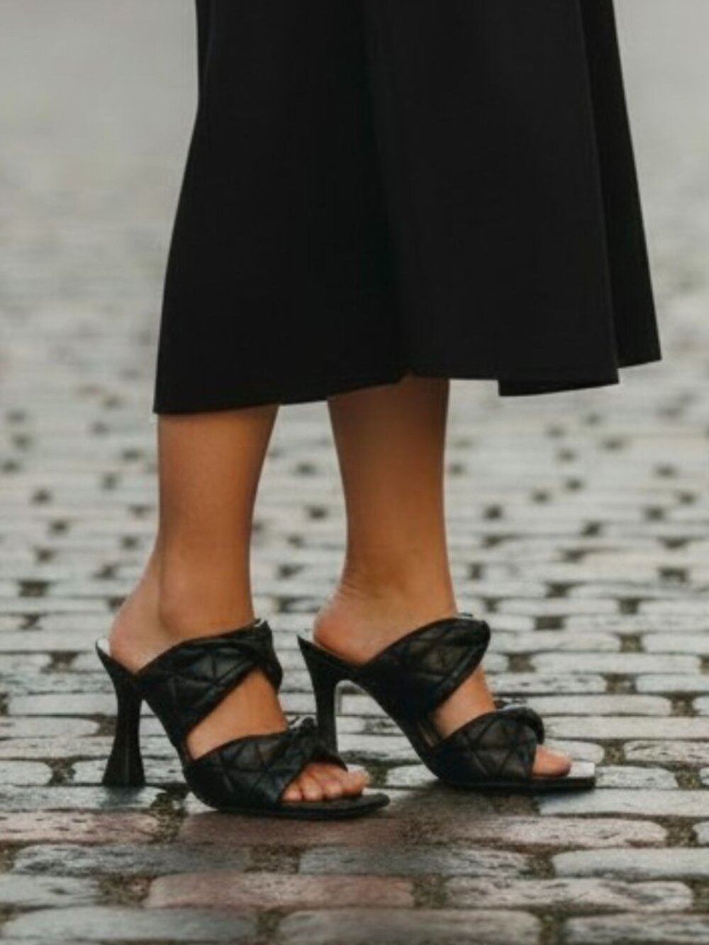 Quilted Black Block Heel Mules With Open Toe & Crossover Straps - LovMarie Women